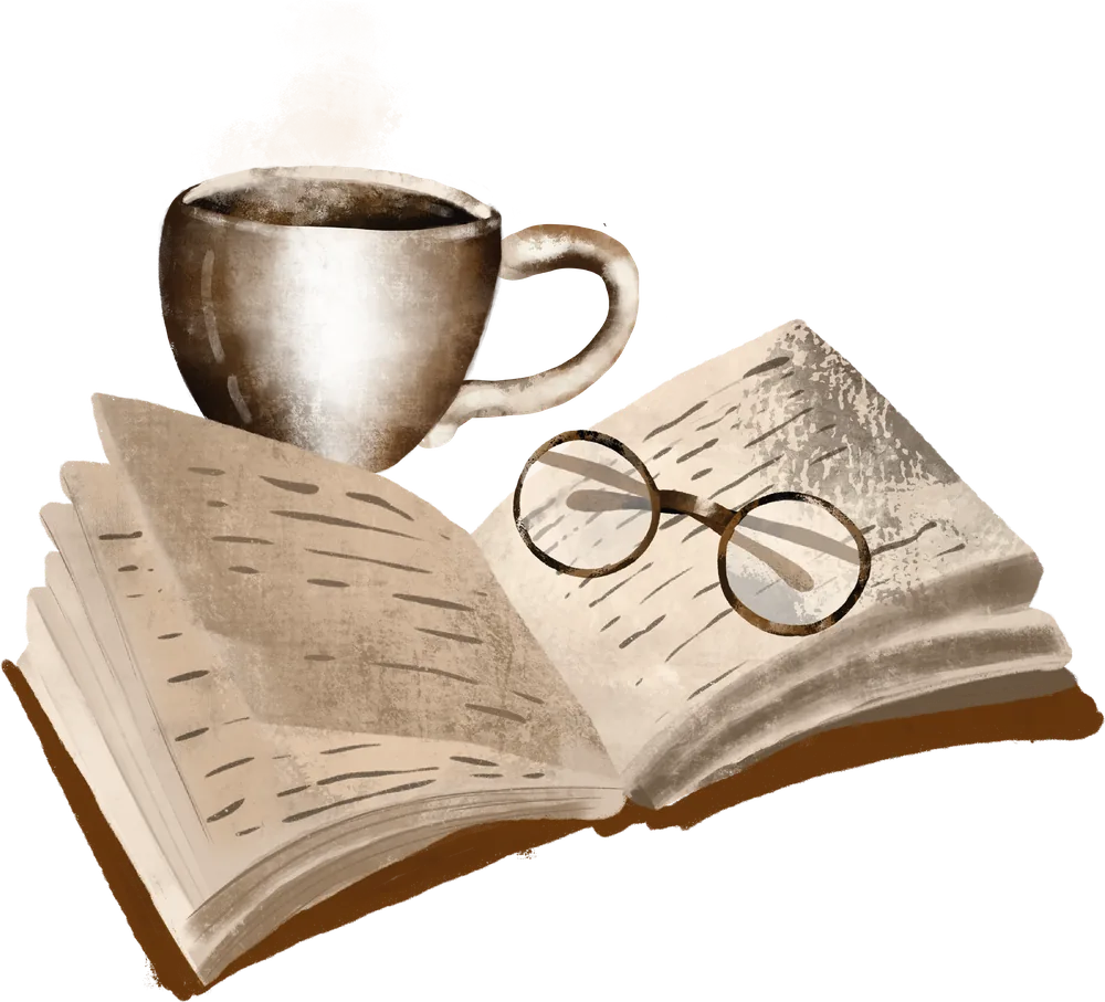Открытая книга, очки и чашка кофе